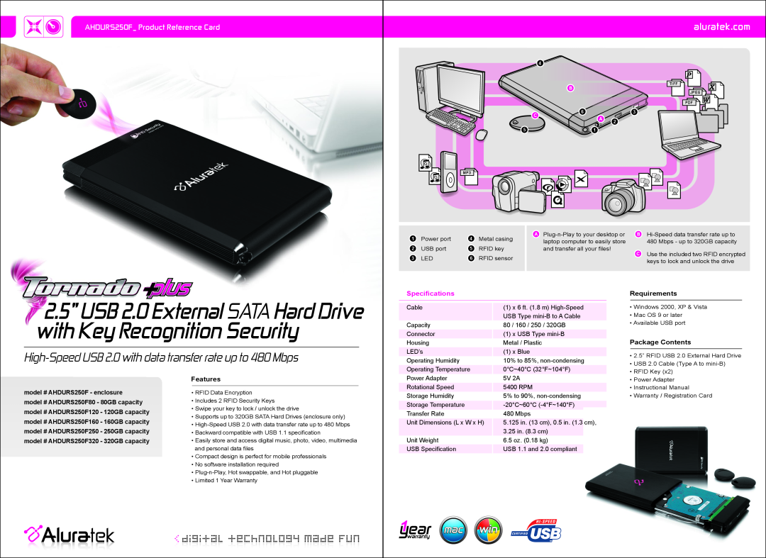 Aluratek AHDURS250F320 specifications 2.5” USB 2.0 External SATA Hard Drive with Key Recognition Security, aluratek.com 