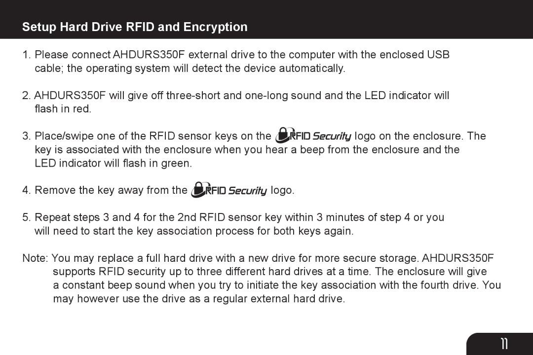 Aluratek AHDURS350F manual Setup Hard Drive Rfid and Encryption 