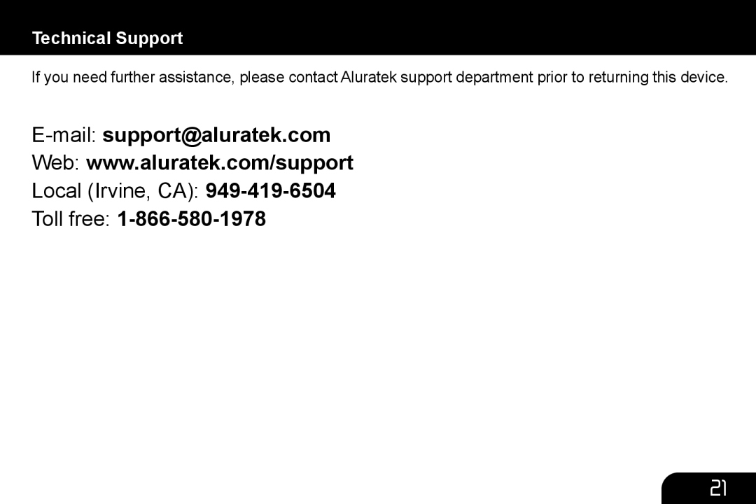 Aluratek AHDURS350F manual Toll free, Technical Support 