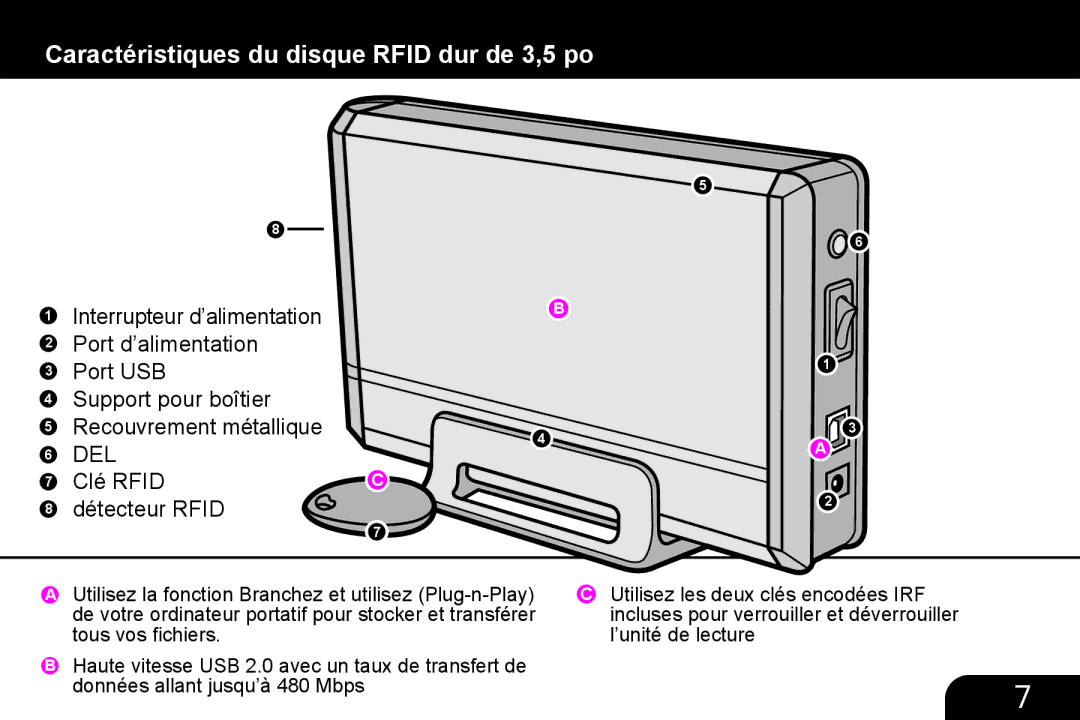 Aluratek AHDURS350F manual Caractéristiques du disque Rfid dur de 3,5 po, Clé Rfid Détecteur Rfid 