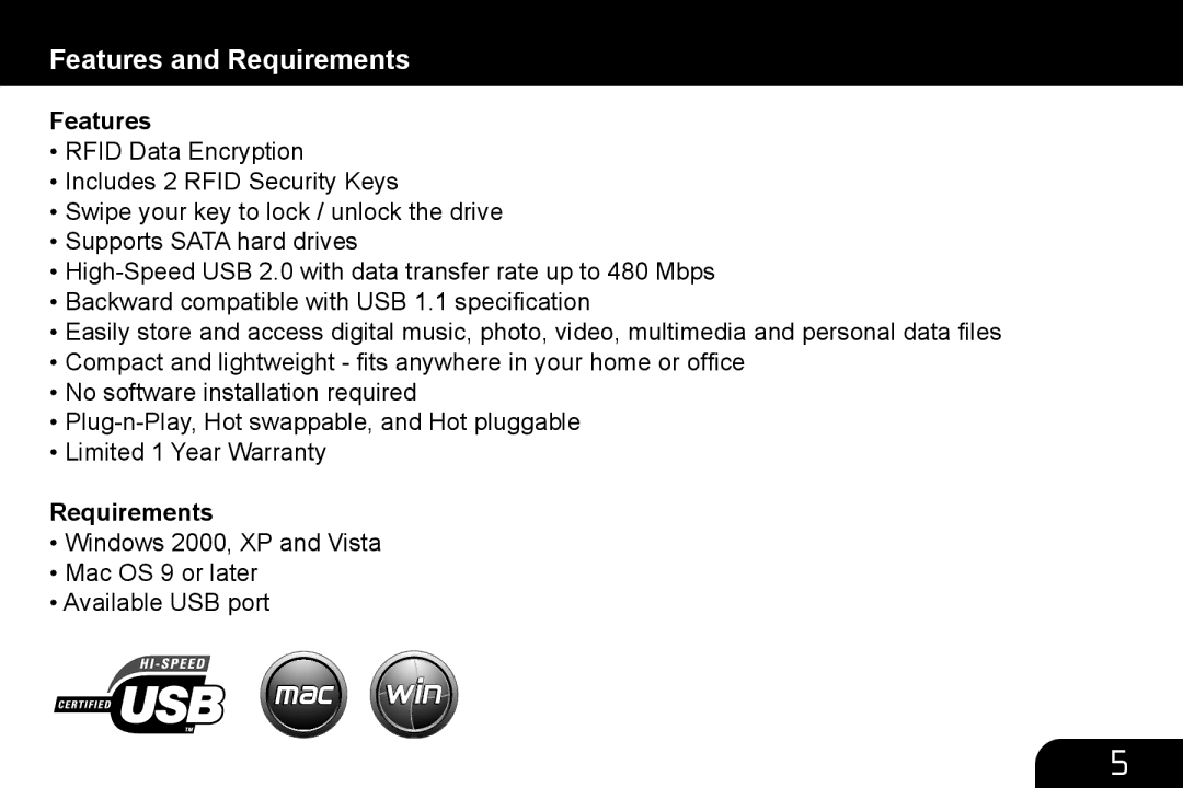 Aluratek AHDURS350F manual Features and Requirements 