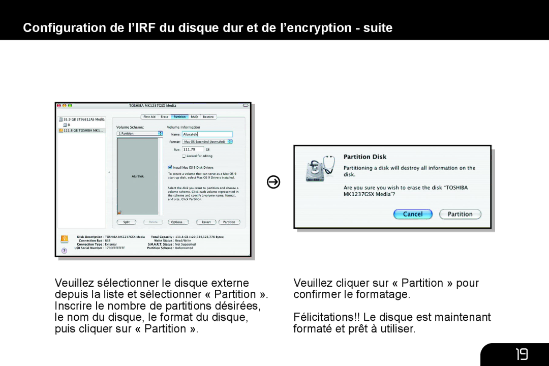 Aluratek AHDURS350F manual Conﬁguration de l’IRF du disque dur et de l’encryption suite 