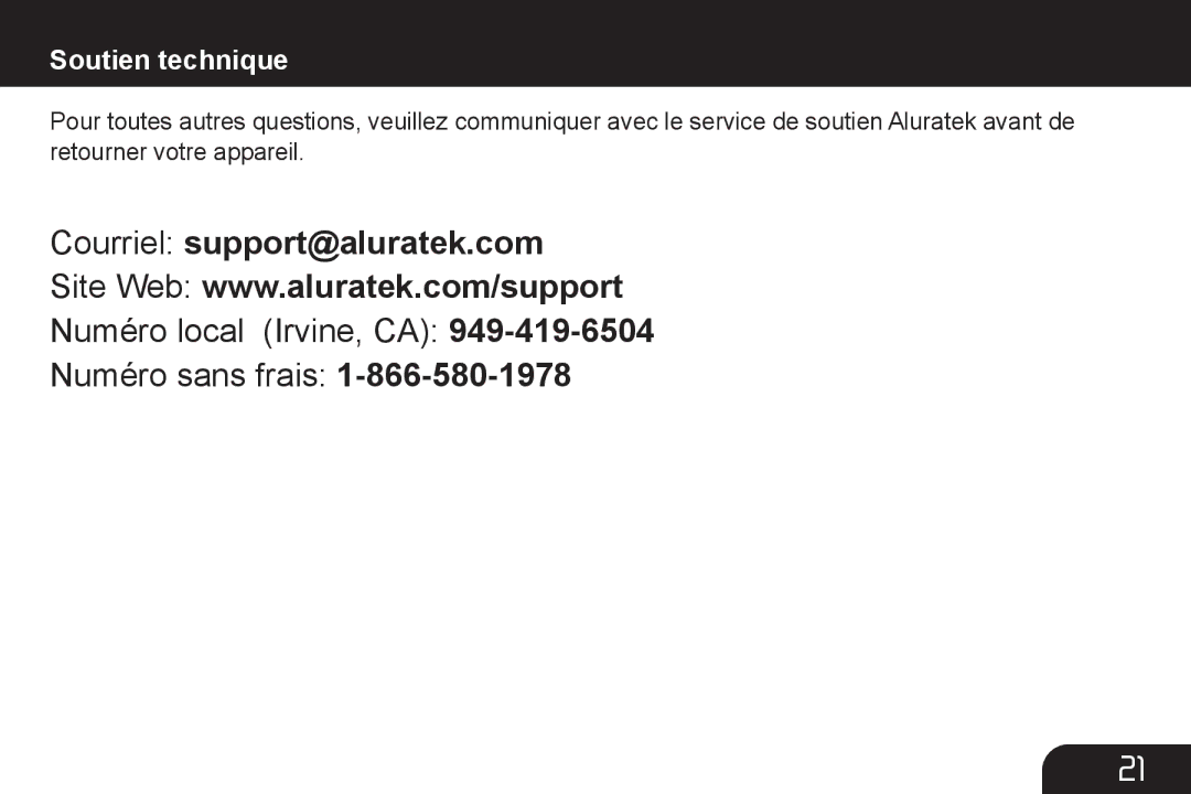 Aluratek AHDURS350F manual Courriel support@aluratek.com, Soutien technique 