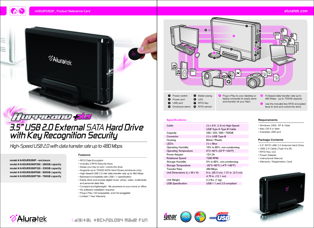 Aluratek AHDURS350F320 specifications High-Speed USB 2.0 with data transfer rate up to 480 Mbps, Aluratek.com, Features 