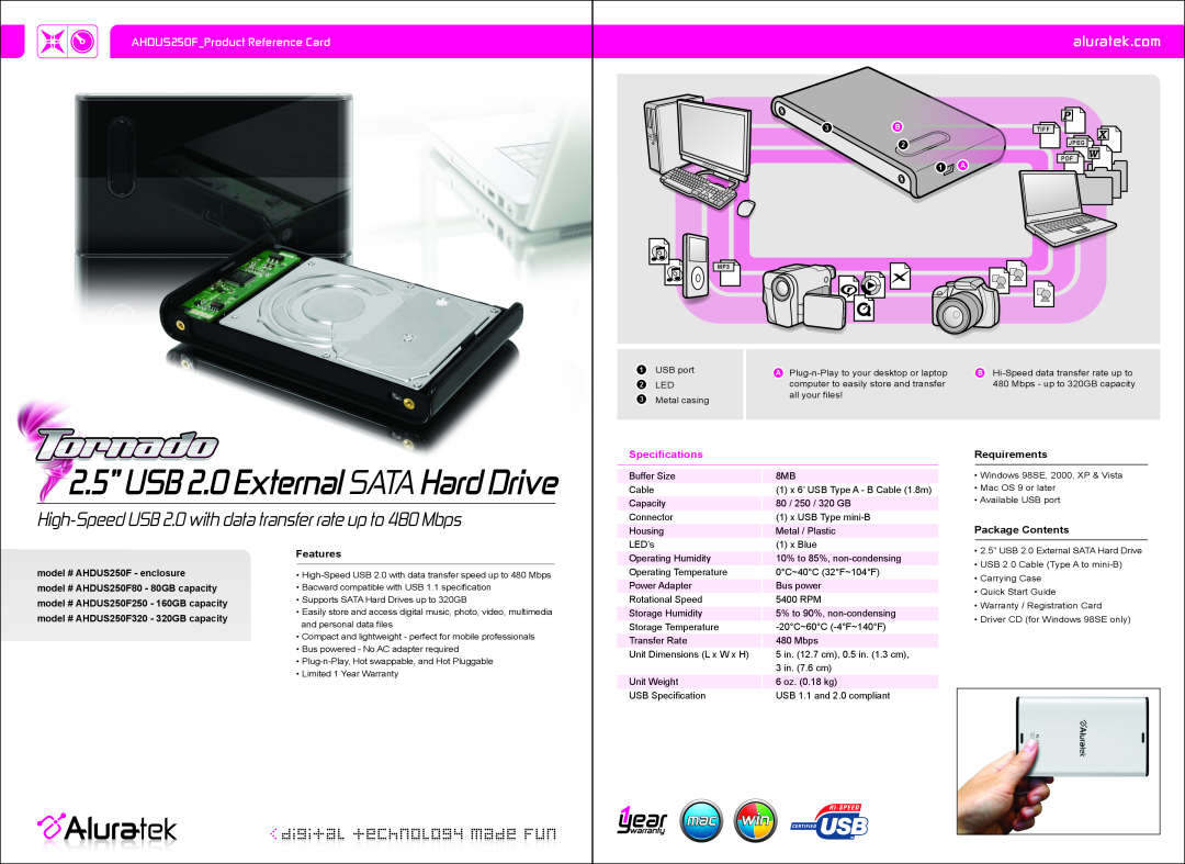 Aluratek AHDUS250F dimensions 2.5” USB 2.0 External SATA Hard Drive, aluratek.com, Specifications, Requirements, Features 