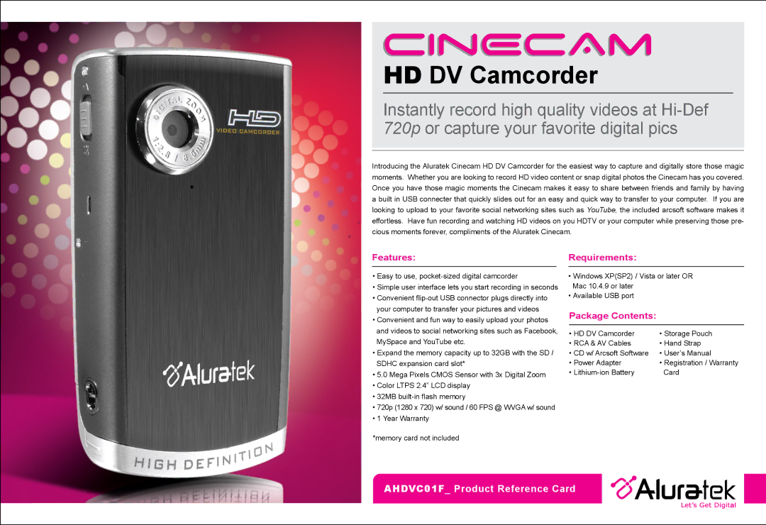 Aluratek AHDVC01F user manual Cinecam, HD DV Camcorder, FeaturesRequirements, Package Contents 