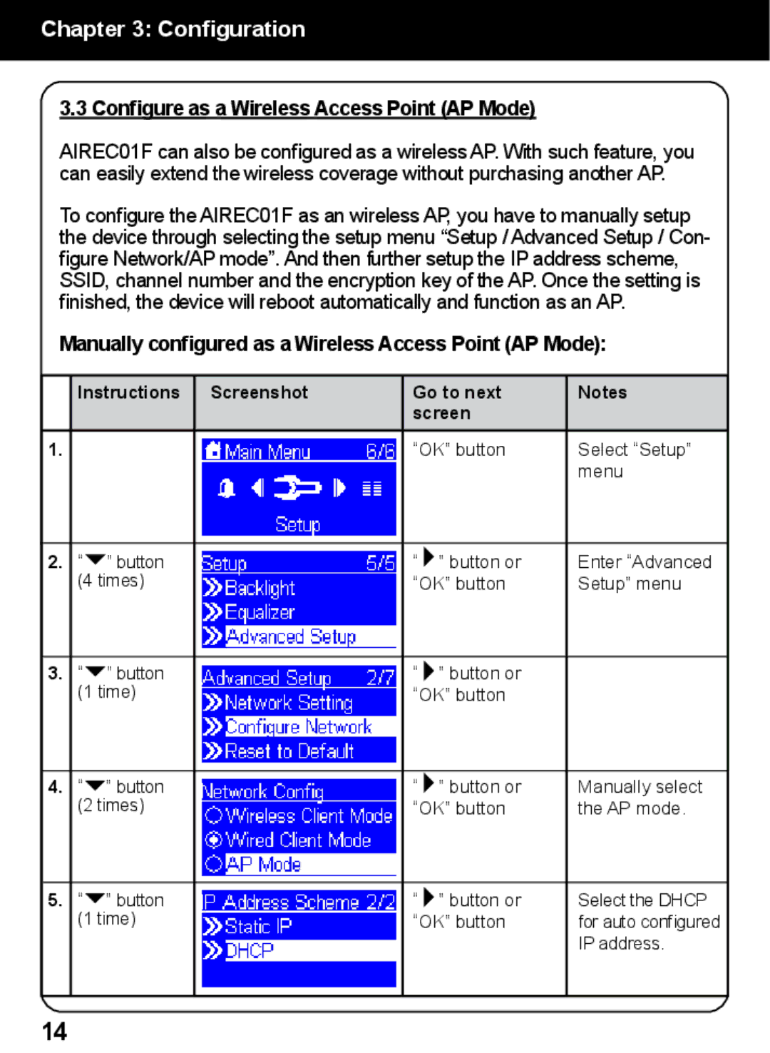 Aluratek AIREC01F Configure as a Wireless Access Point AP Mode, Manually configured as a Wireless Access Point AP Mode 