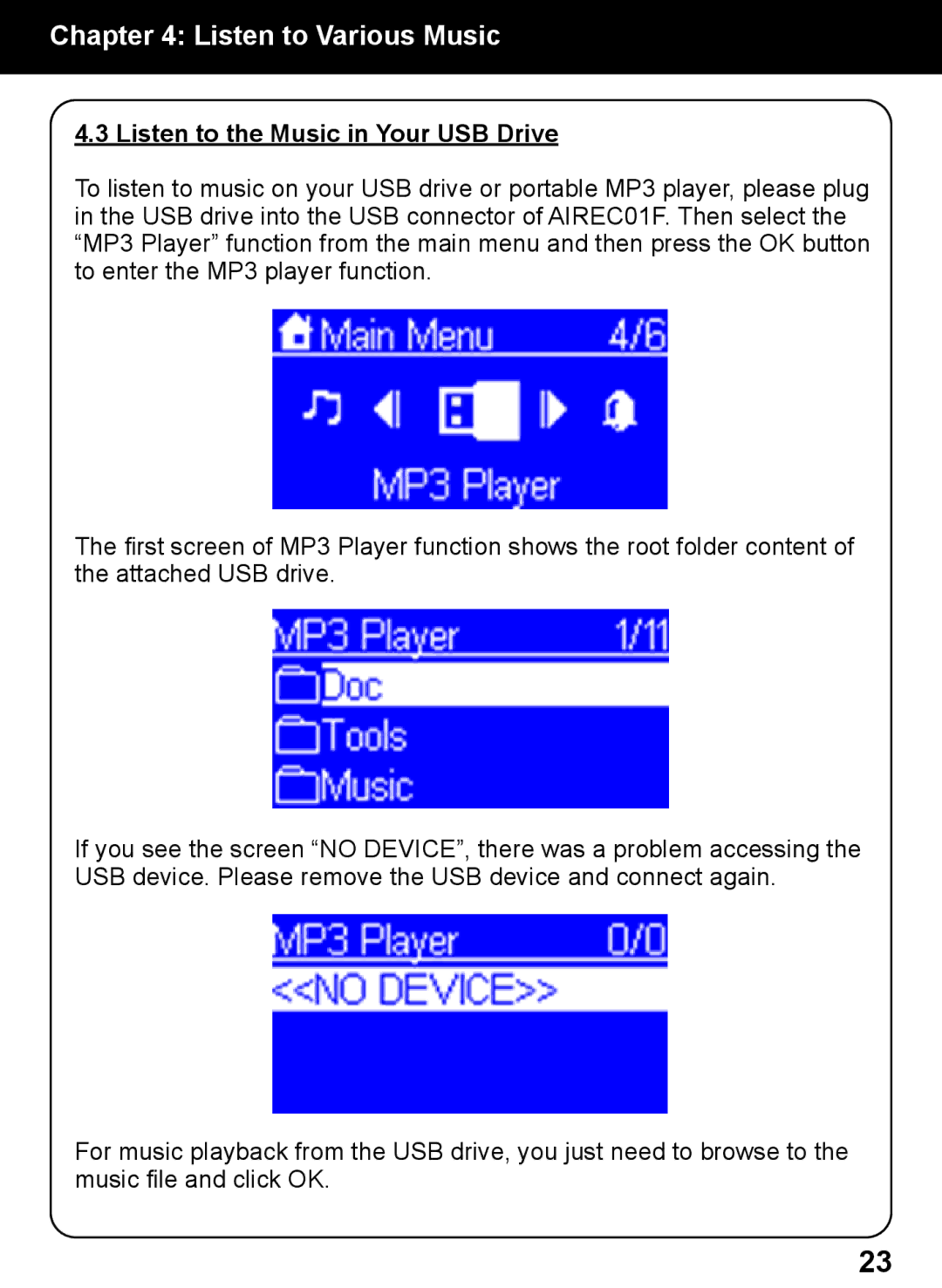 Aluratek AIREC01F manual Listen to the Music in Your USB Drive 