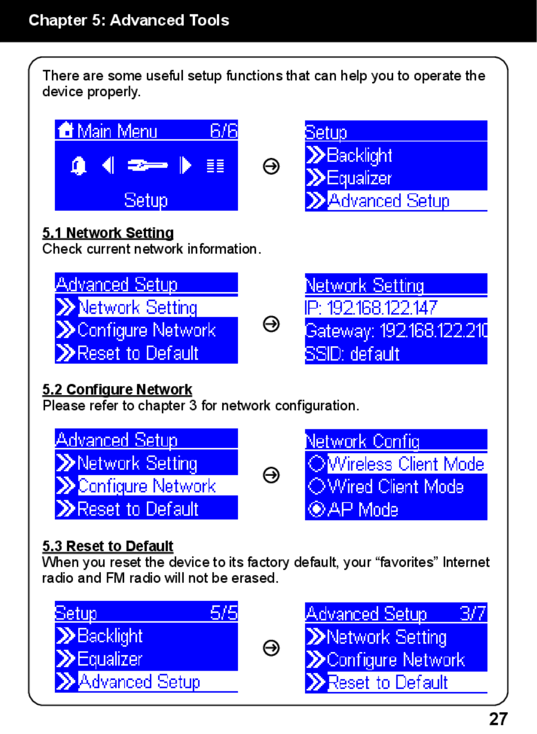 Aluratek AIREC01F manual Advanced Tools, Network Setting, Configure Network, Reset to Default 