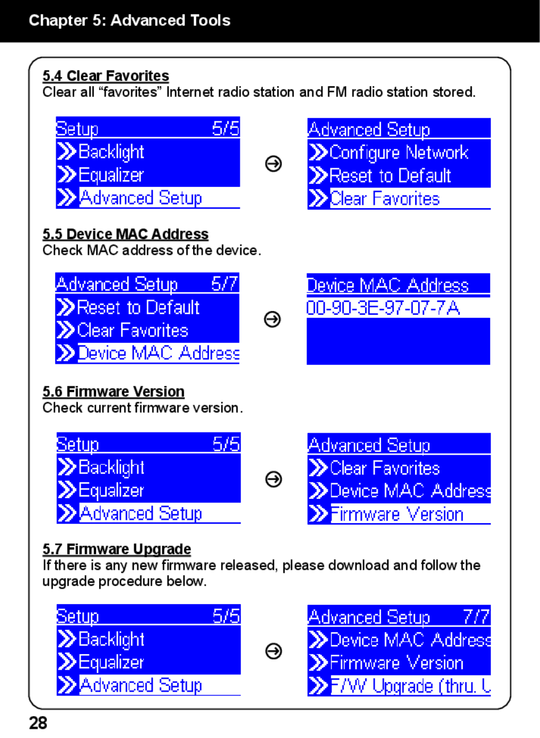 Aluratek AIREC01F manual Clear Favorites, Device MAC Address, Firmware Version, Firmware Upgrade 