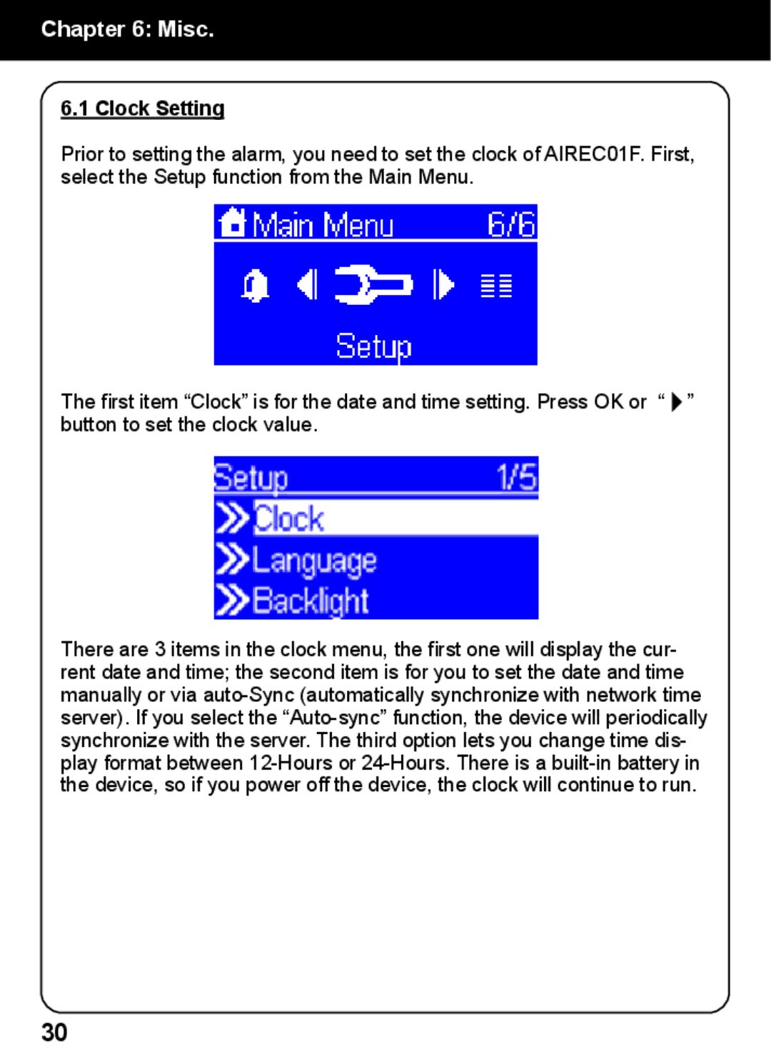 Aluratek AIREC01F manual Misc, Clock Setting 