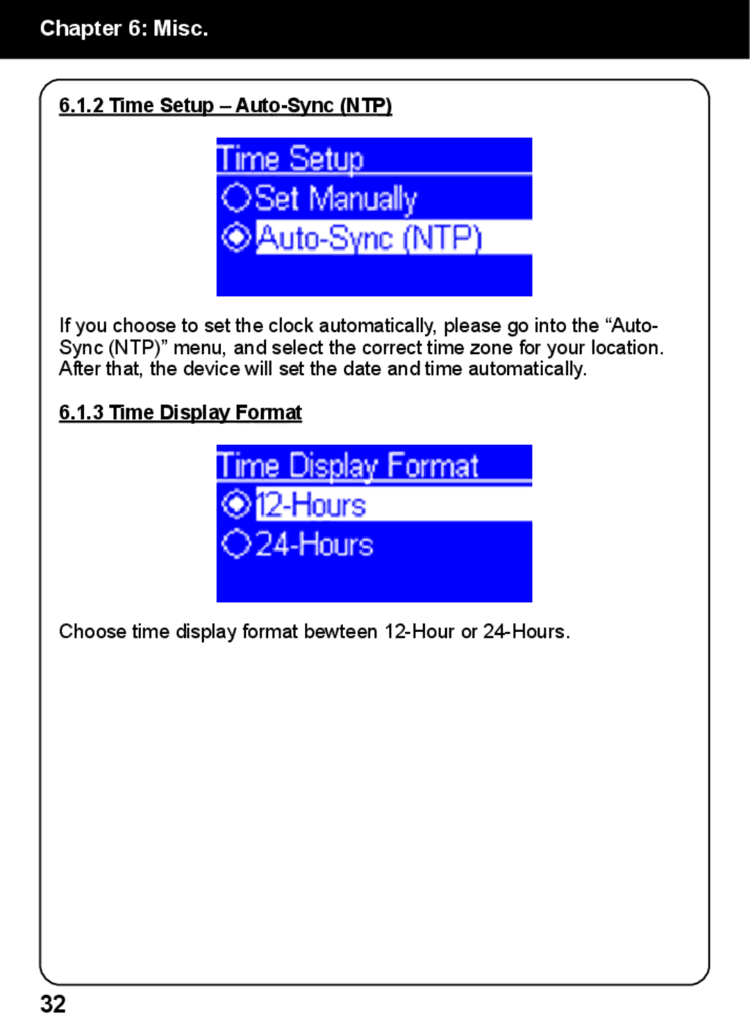 Aluratek AIREC01F manual Time Setup Auto-Sync NTP, Time Display Format 