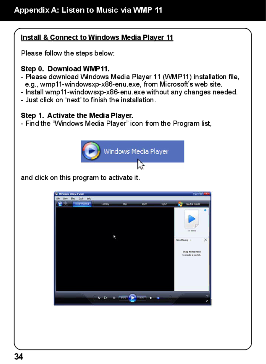 Aluratek AIREC01F manual Appendix a Listen to Music via WMP, Install & Connect to Windows Media Player, Download WMP11 