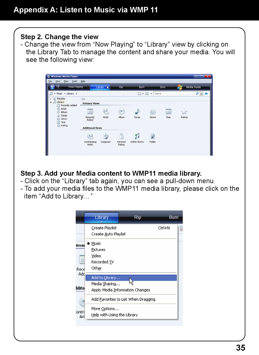 Aluratek AIREC01F manual Change the view, Add your Media content to WMP11 media library 