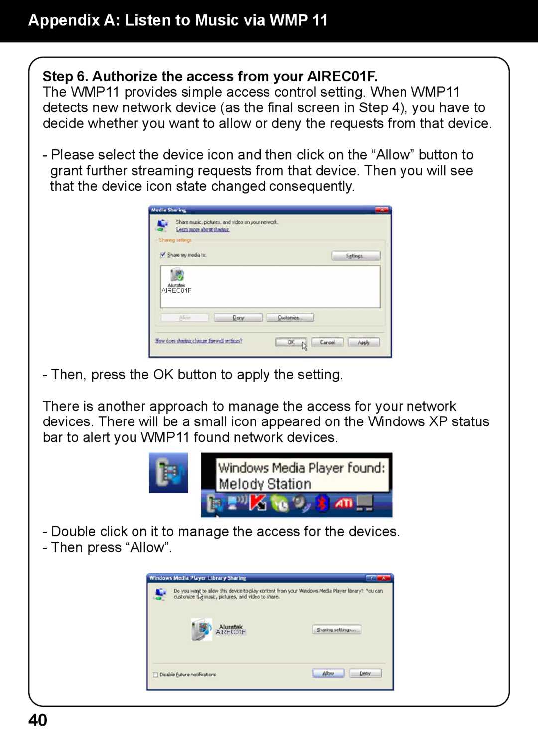 Aluratek manual Authorize the access from your AIREC01F 