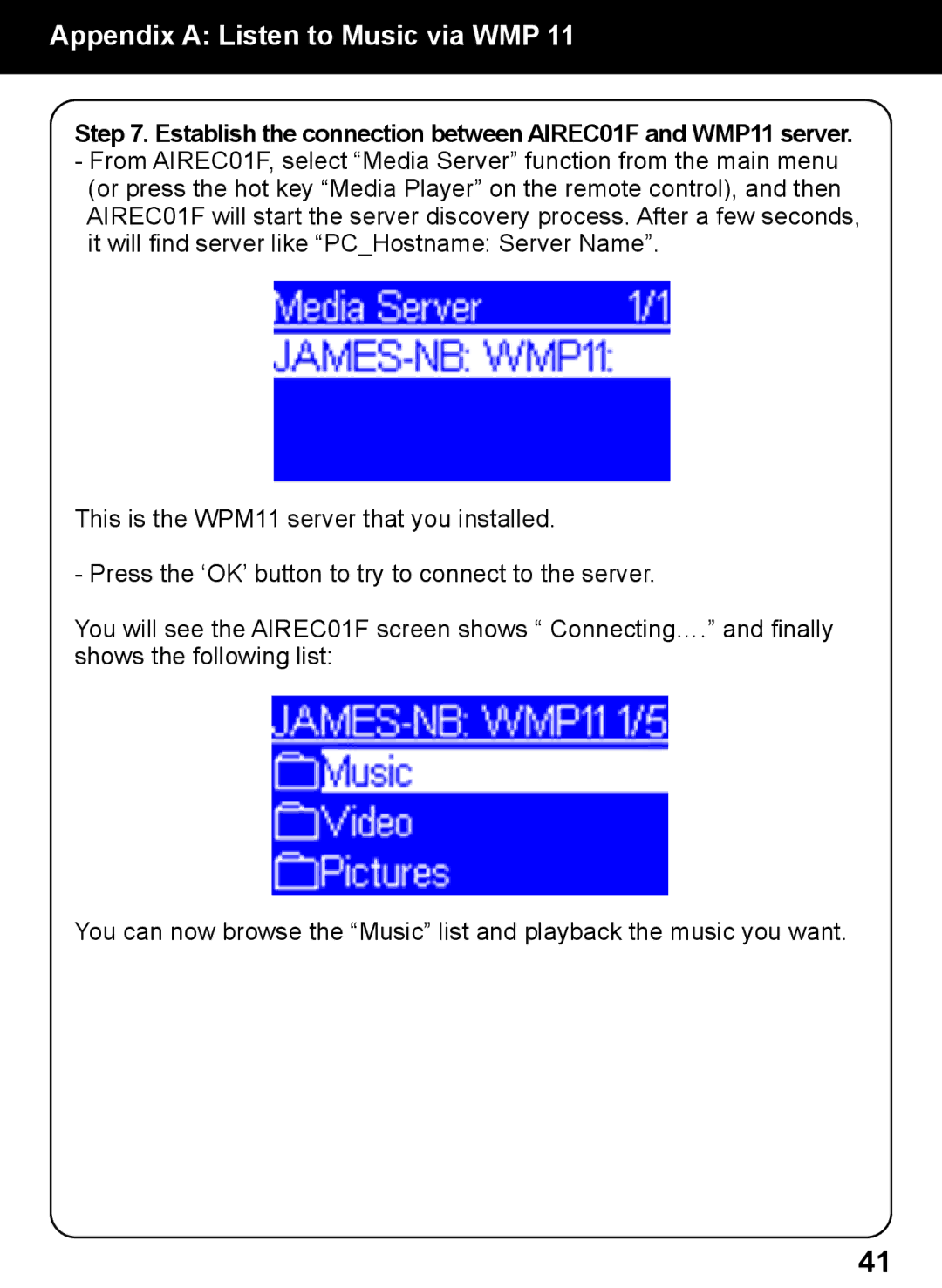 Aluratek manual Establish the connection between AIREC01F and WMP11 server 