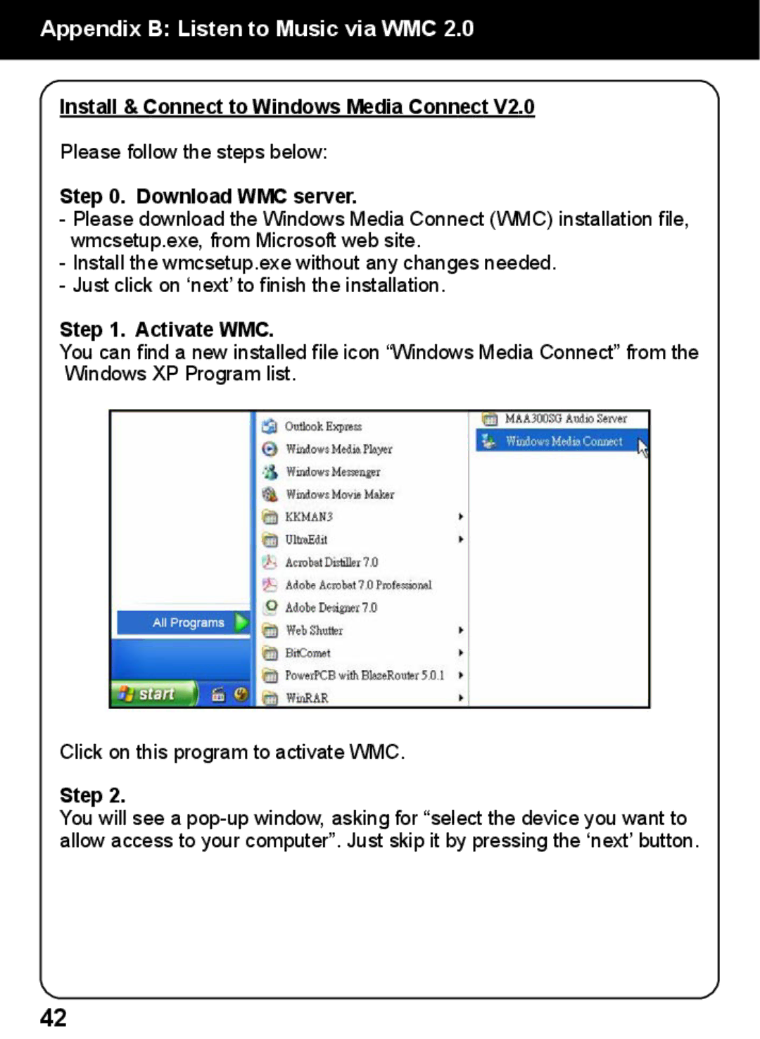 Aluratek AIREC01F Appendix B Listen to Music via WMC, Install & Connect to Windows Media Connect, Download WMC server 