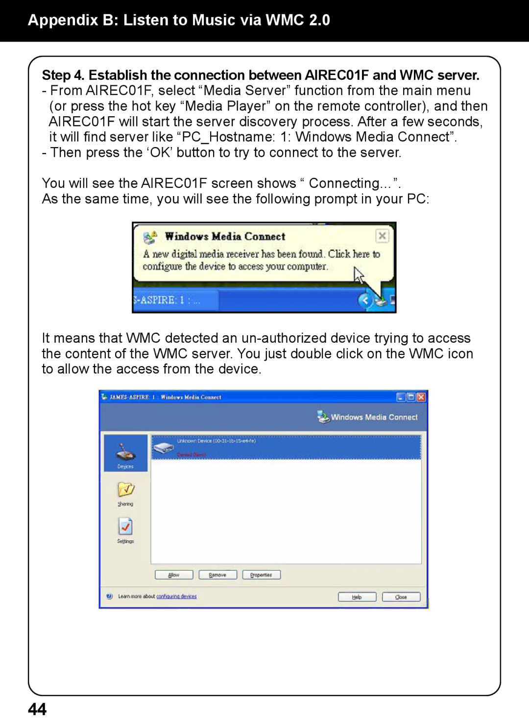 Aluratek manual Establish the connection between AIREC01F and WMC server 