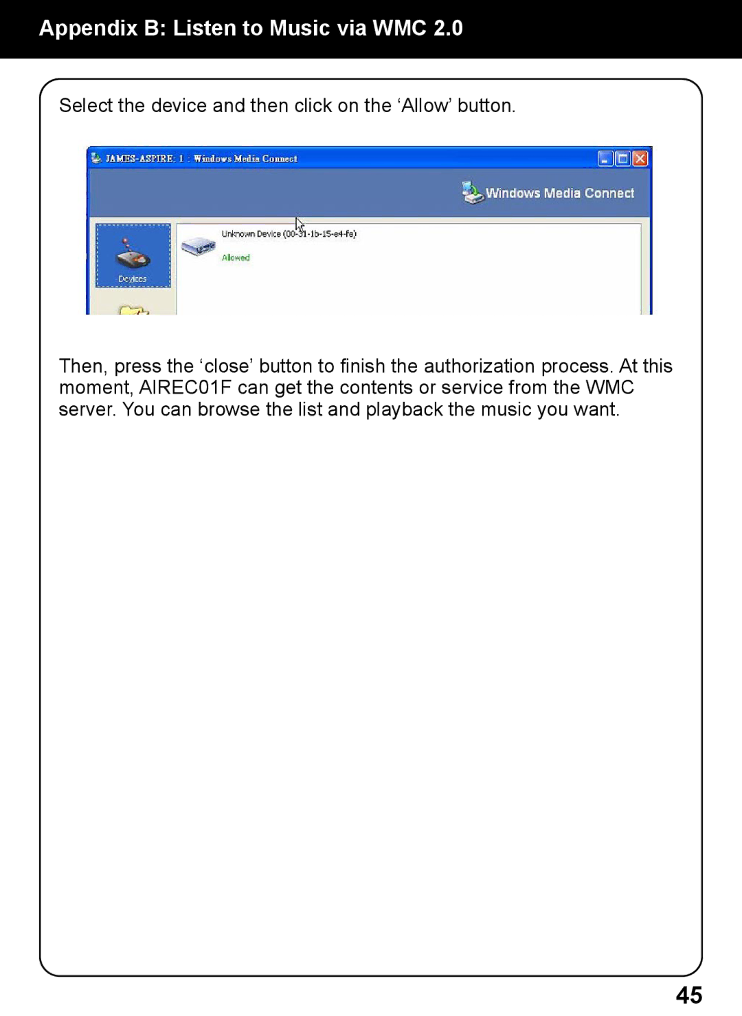 Aluratek AIREC01F manual Appendix B Listen to Music via WMC 