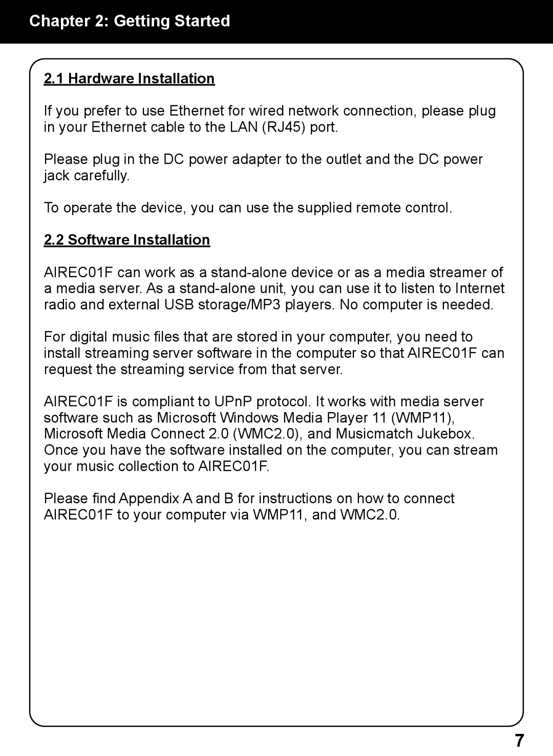 Aluratek AIREC01F manual Getting Started, Hardware Installation, Software Installation 