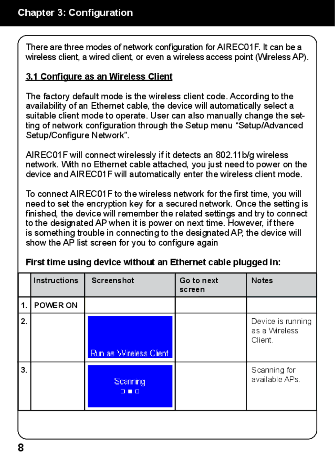 Aluratek AIREC01F manual Configuration, Configure as an Wireless Client 