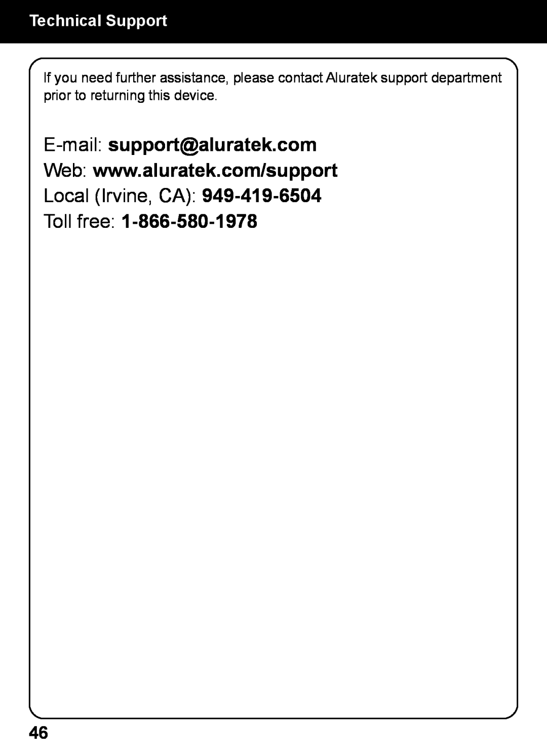 Aluratek AIREC01F manual Technical Support, Local Irvine, CA, Toll free 