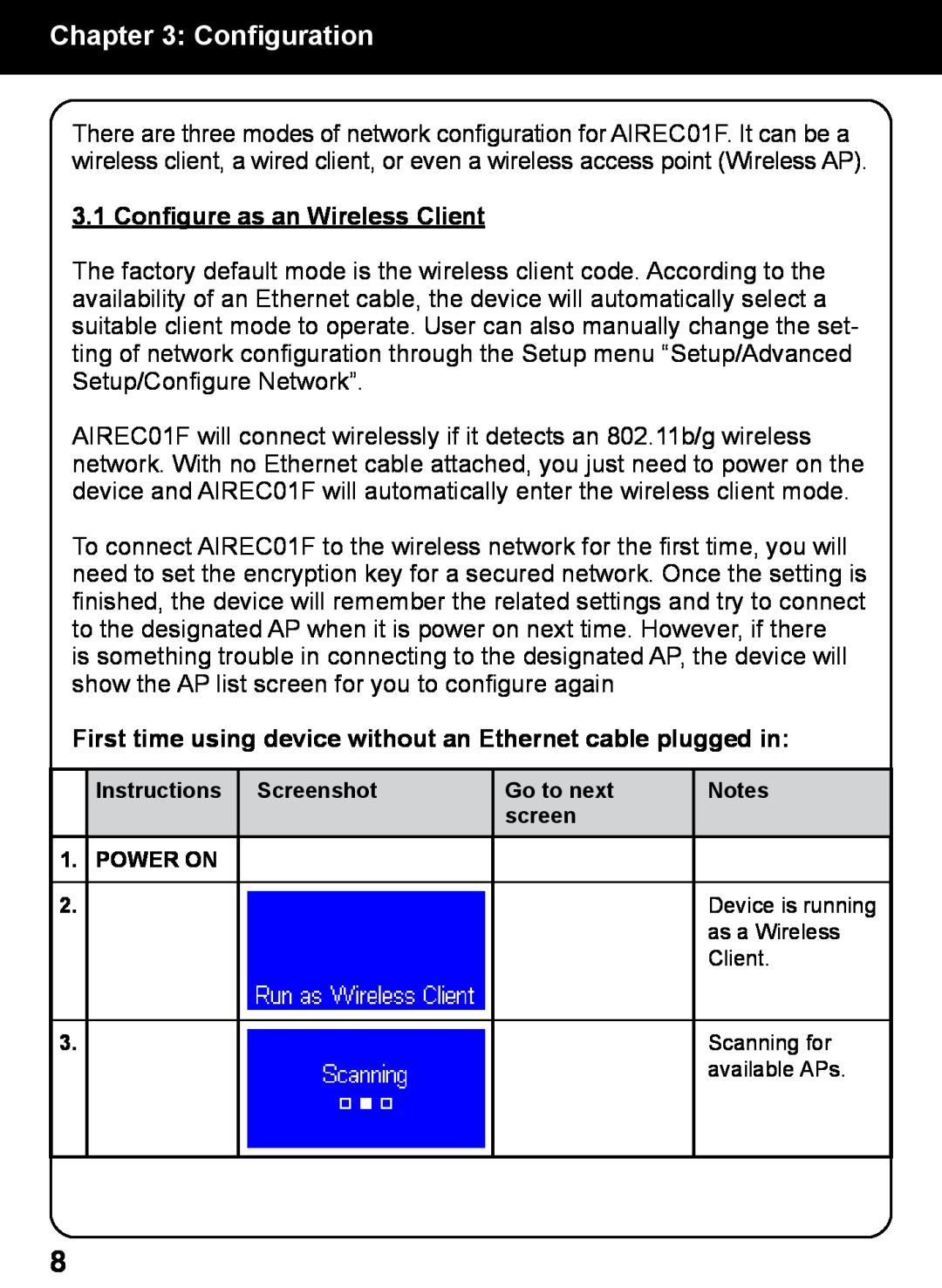Aluratek AIREC01F manual Configuration, Configure as an Wireless Client 