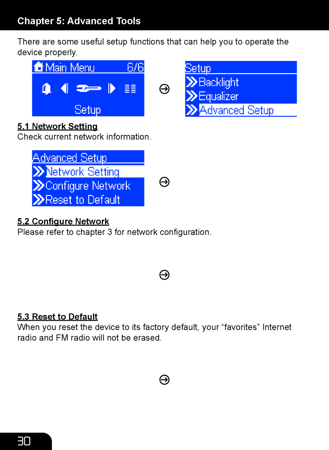 Aluratek AIRMM01F manual Advanced Tools, Network Setting, Conﬁgure Network, Reset to Default 