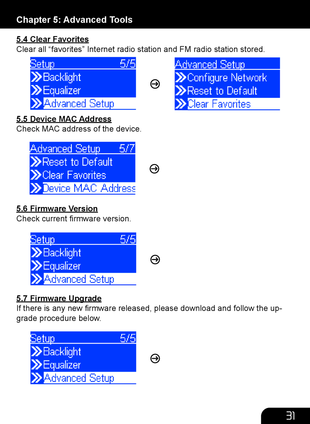 Aluratek AIRMM01F manual Clear Favorites, Device MAC Address, Firmware Version, Firmware Upgrade 