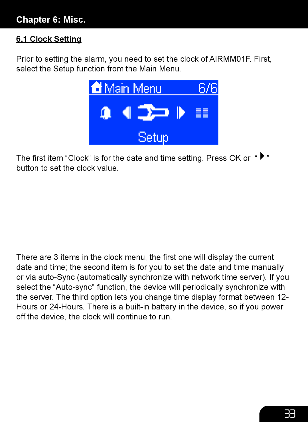 Aluratek AIRMM01F manual Misc, Clock Setting 