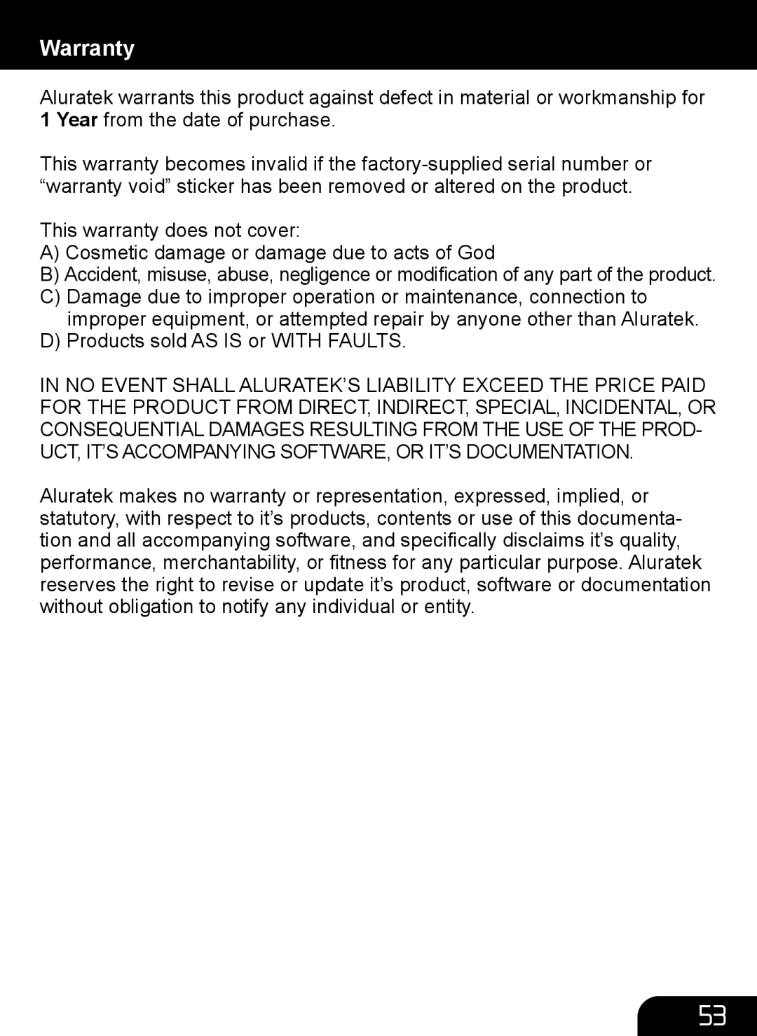 Aluratek AIRMM01F manual Warranty, Products sold AS is or with Faults 