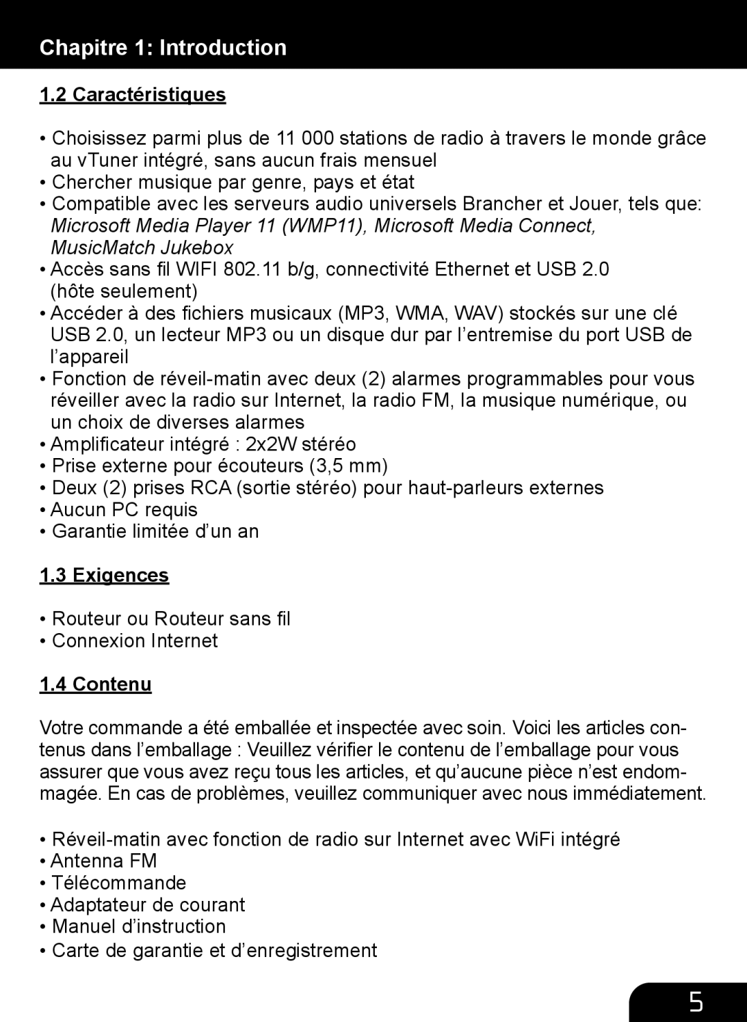 Aluratek AIRMM01F manual Caractéristiques, Exigences, Contenu 