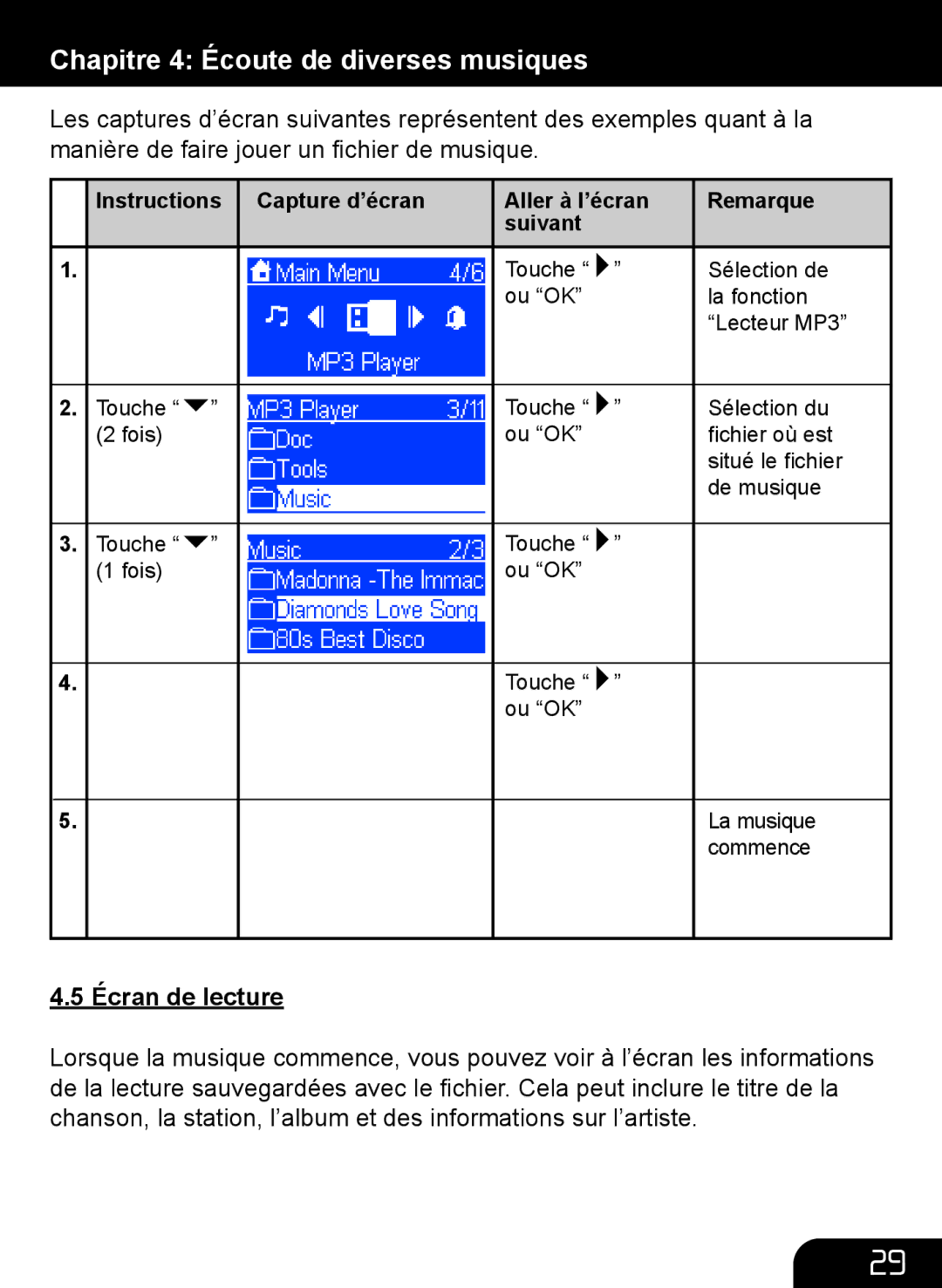 Aluratek AIRMM01F manual Écran de lecture 