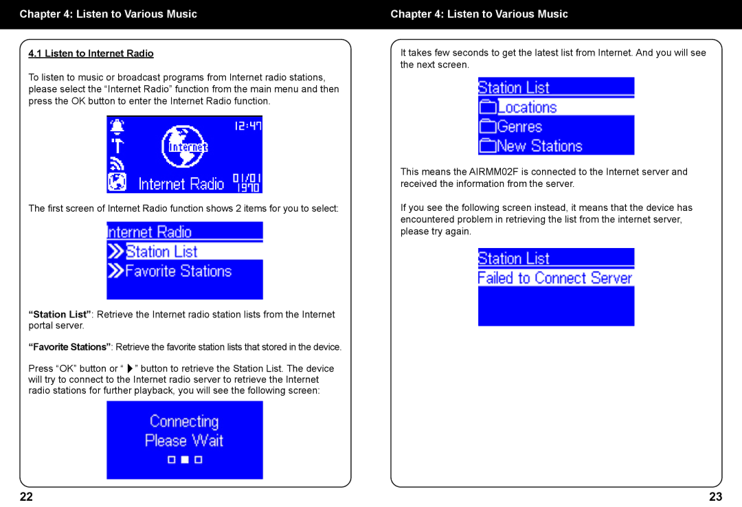 Aluratek AIRMM02F manual Listen to Various Music, Listen to Internet Radio 