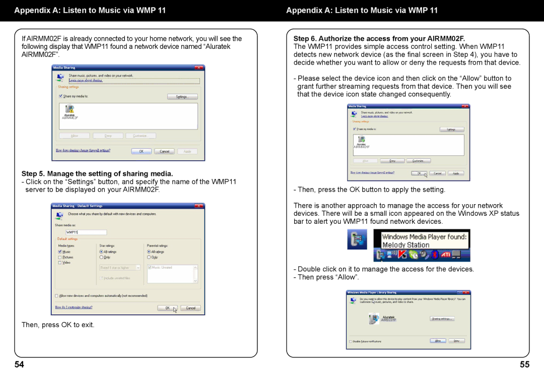 Aluratek manual Manage the setting of sharing media, Authorize the access from your AIRMM02F 