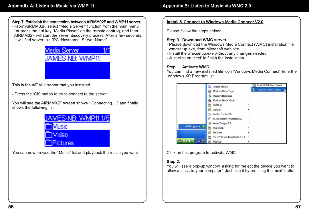 Aluratek manual Establish the connection between AIRMM02F and WMP11 server, Install & Connect to Windows Media Connect 