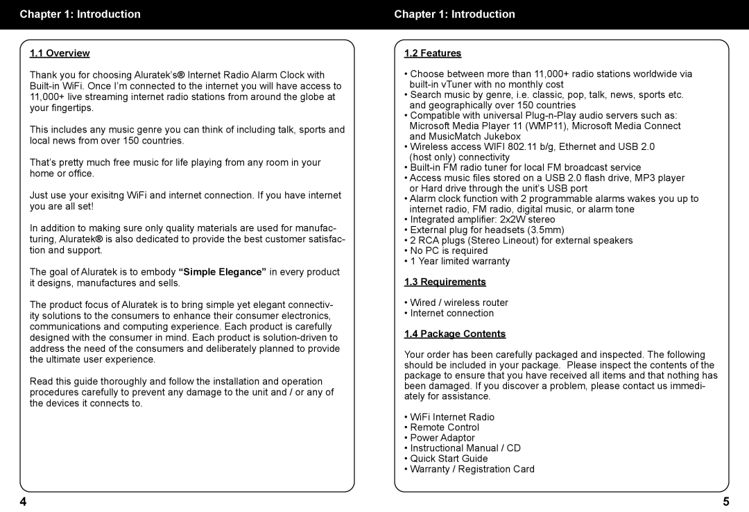 Aluratek AIRMM02F manual Introduction, Overview, Features, Requirements, Package Contents 