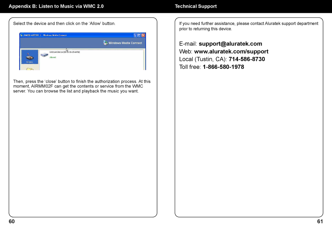 Aluratek AIRMM02F manual Toll free, Appendix B Listen to Music via WMC Technical Support 