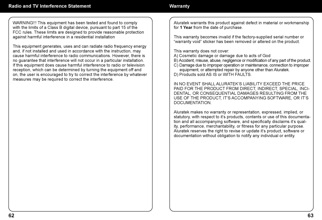 Aluratek AIRMM02F manual Radio and TV Interference Statement, Warranty 