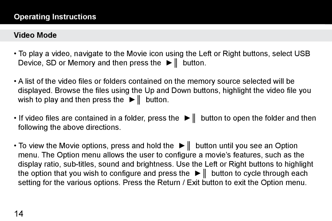 Aluratek APMP101F manual Video Mode 