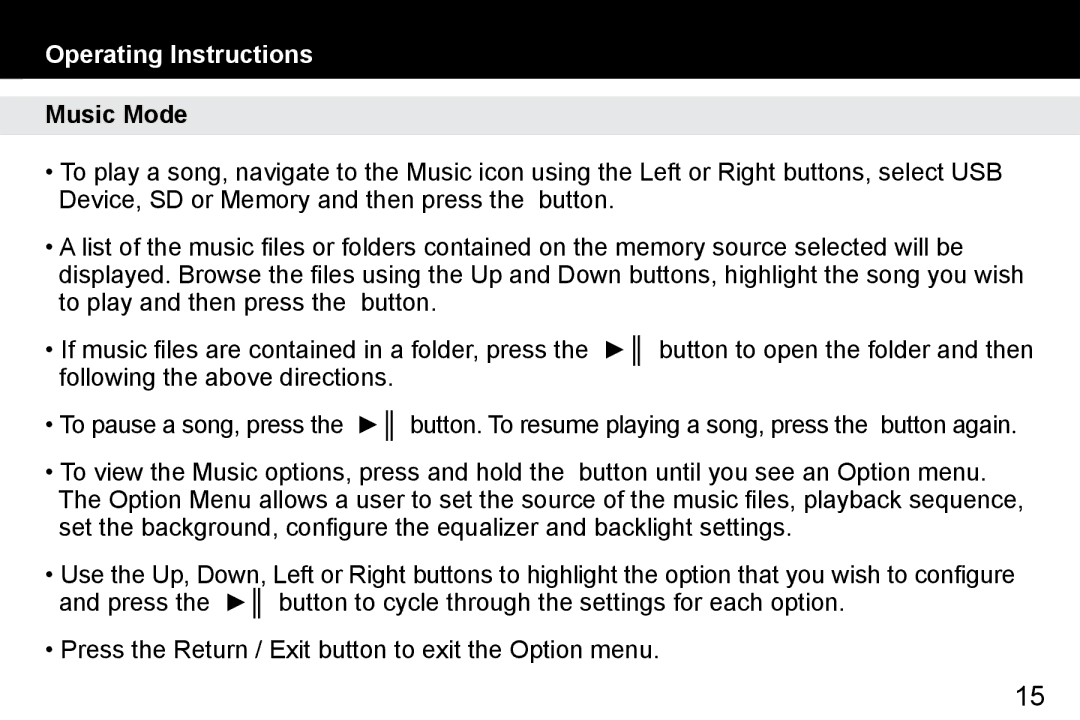 Aluratek APMP101F manual Music Mode 