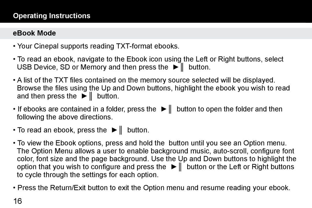 Aluratek APMP101F manual EBook Mode 