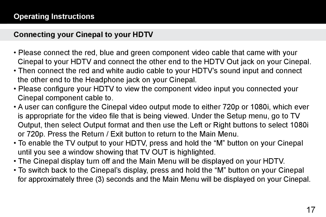 Aluratek APMP101F manual Connecting your Cinepal to your Hdtv 