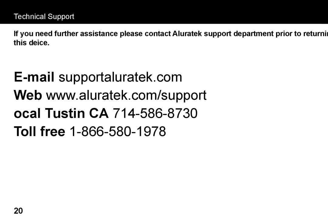 Aluratek APMP101F manual Toll free, Technical Support 