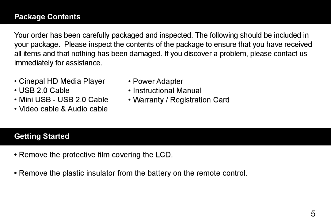 Aluratek APMP101F manual Package Contents, Getting Started 