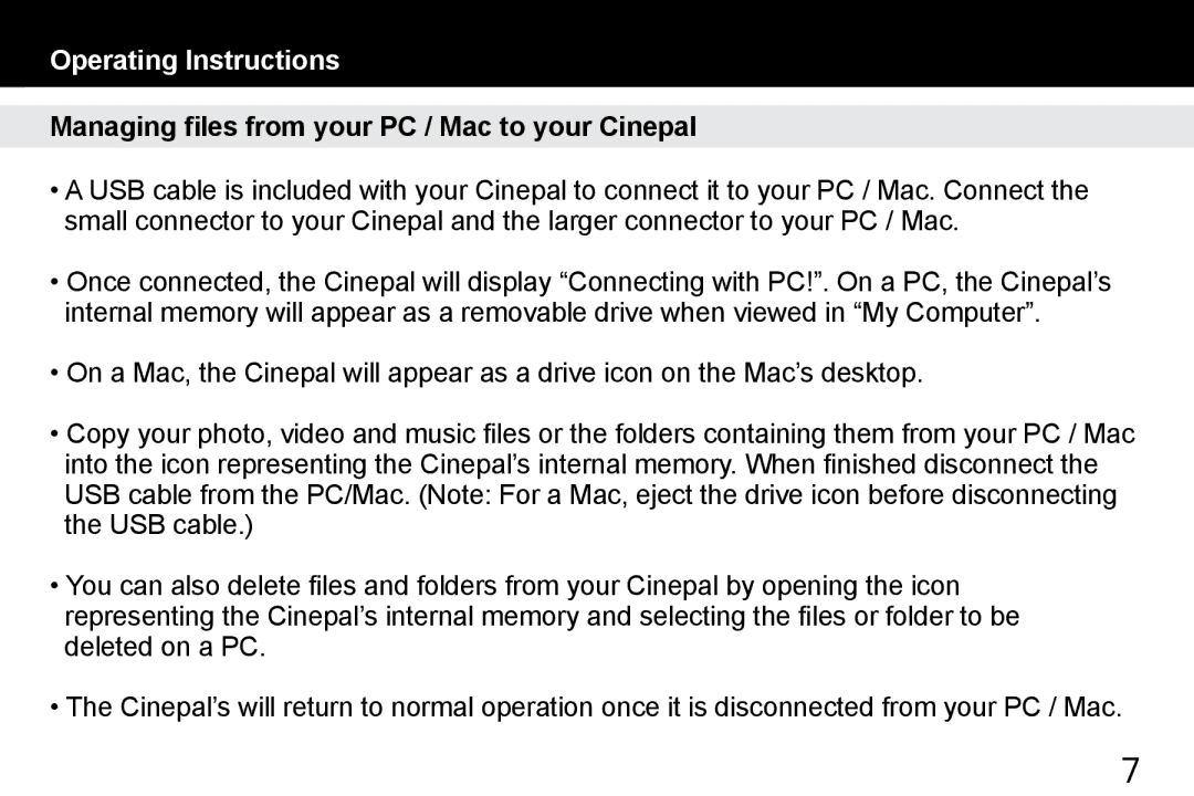 Aluratek APMP101F manual Managing files from your PC / Mac to your Cinepal 