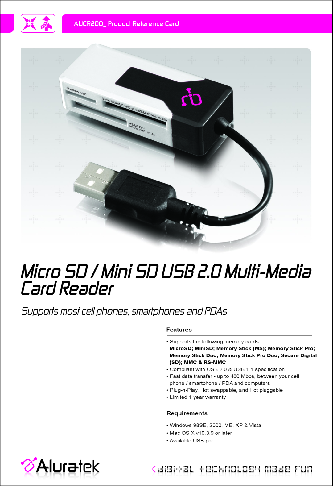 Aluratek AUCR200 warranty Micro SD / Mini SD USB 2.0 Multi-Media Card Reader, Features, Requirements 