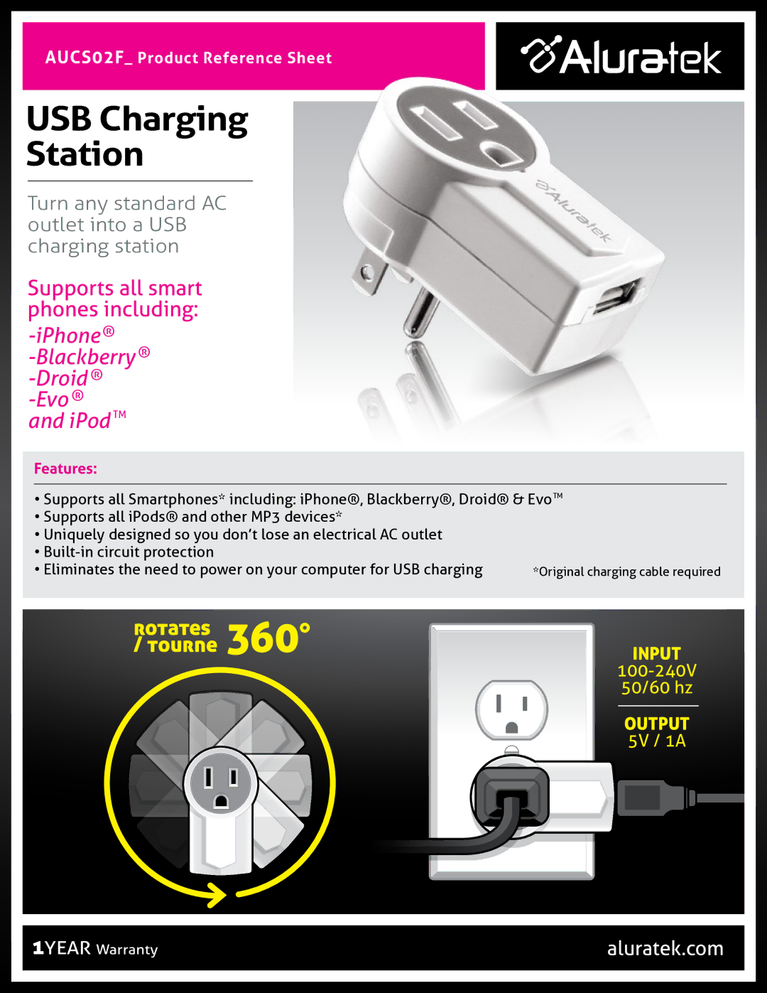 Aluratek AUCS02F warranty USB Charging Station, IPhone Blackberry -Droid -Evo IPod TM, Features 