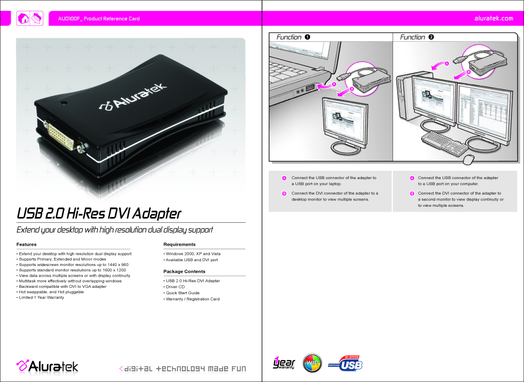 Aluratek AUD100F warranty USB 2.0 Hi-Res DVI Adapter, Features Requirements, Package Contents 