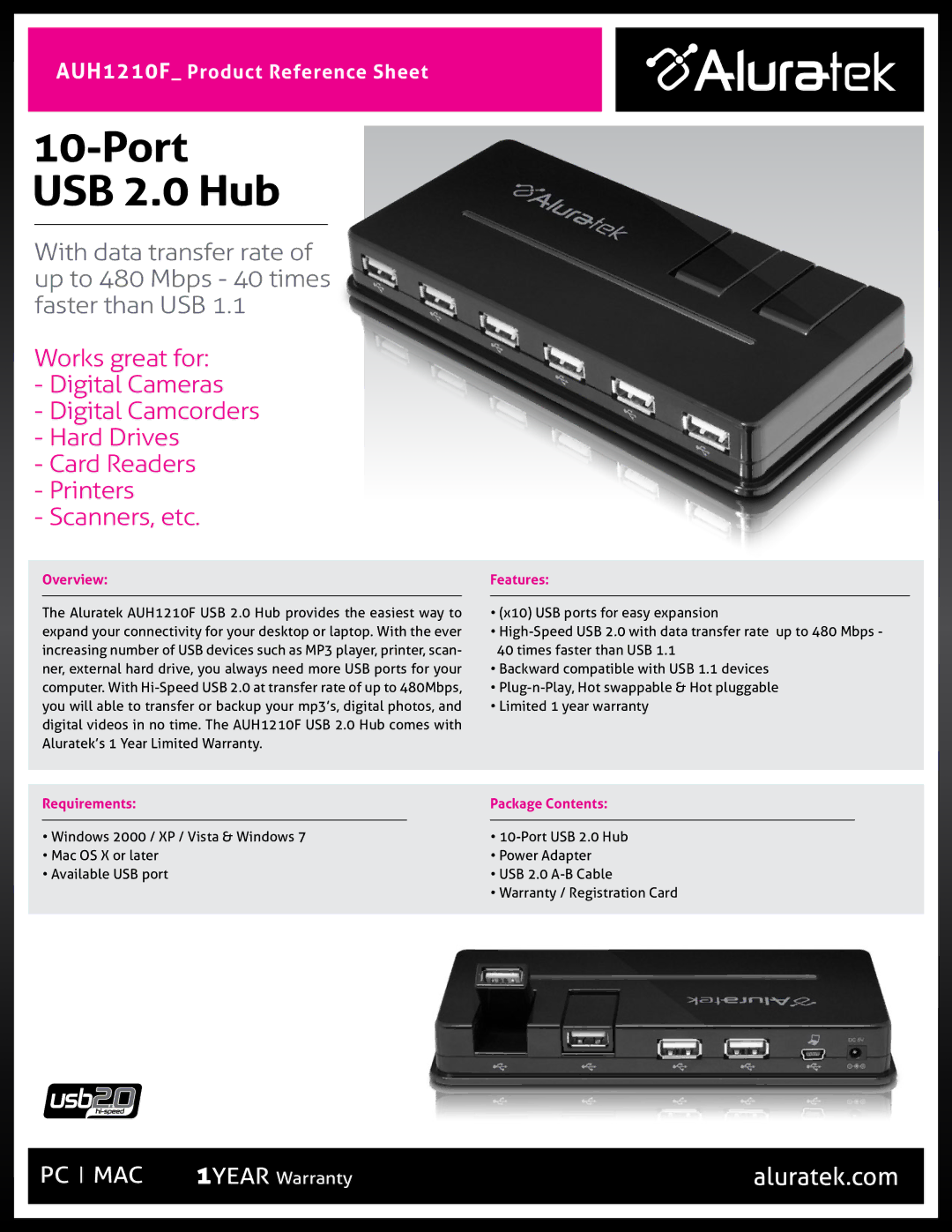 Aluratek AUH1210F warranty Port USB 2.0 Hub, Overview Features, Requirements Package Contents 